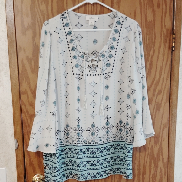 Style & Co. Tops - Style & Co. White Tunic with Blue and Black Print and Tassel Tie